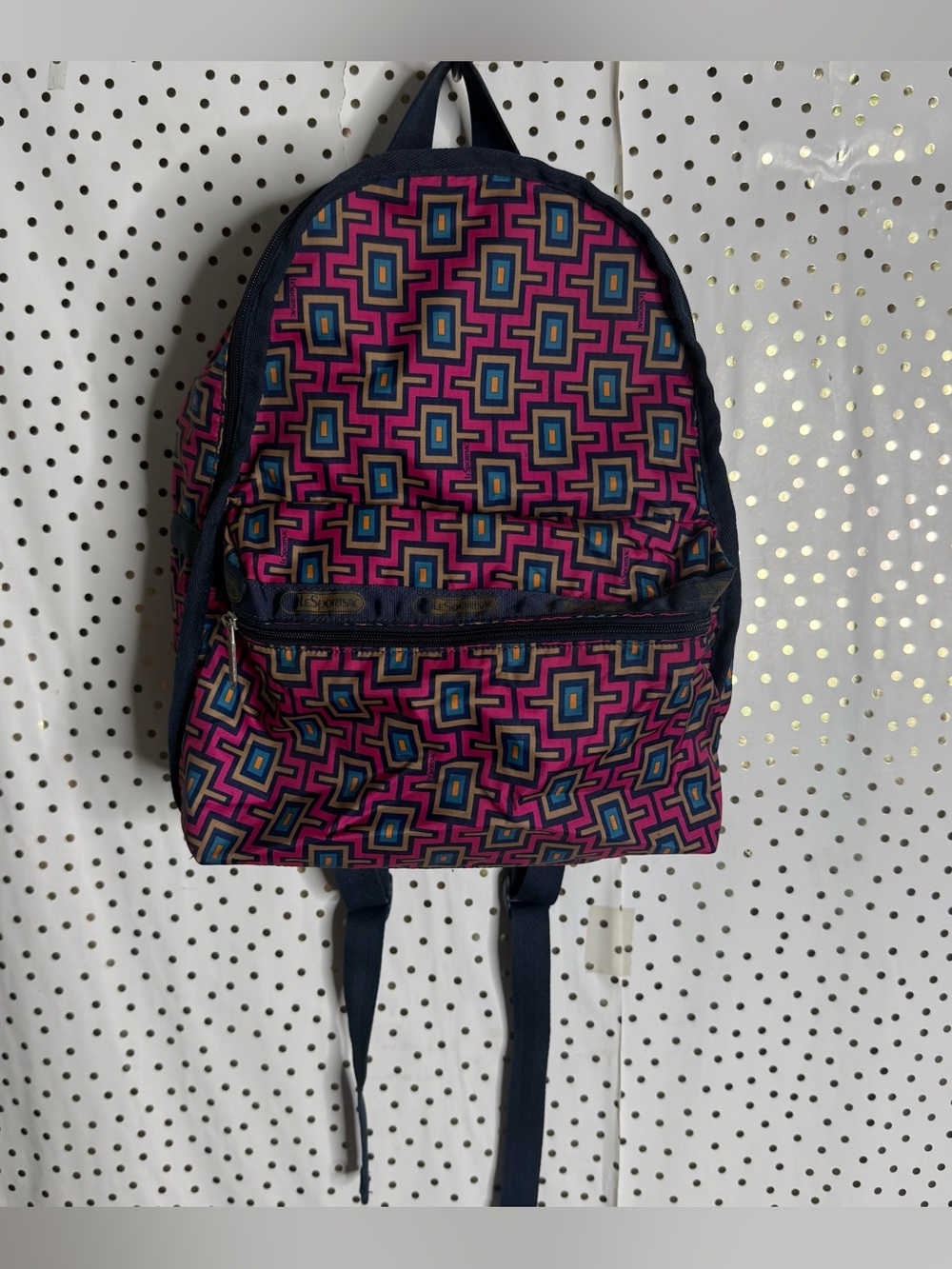 Lesportsac Pink Geometric Backpack with Blue and Black Accents